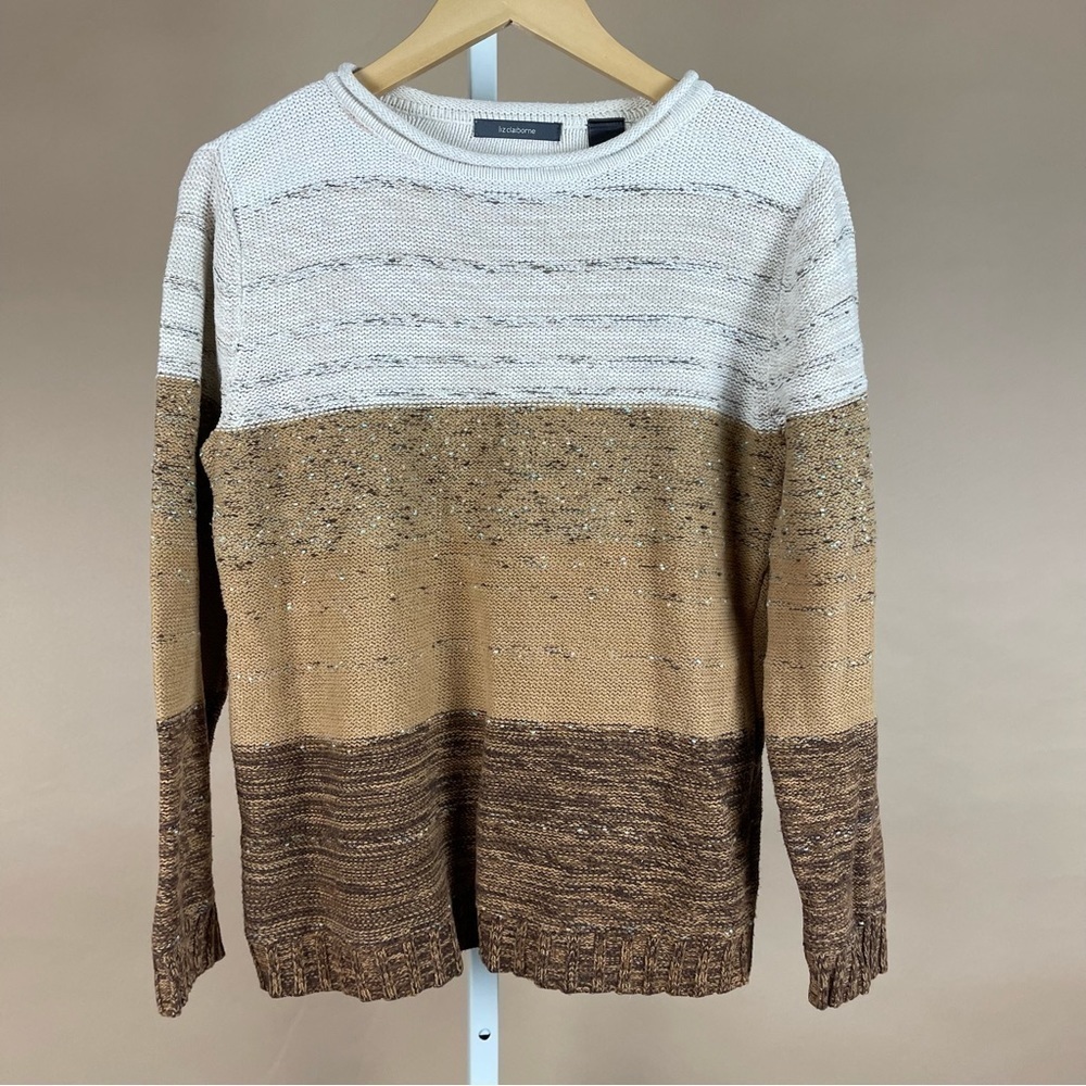 Liz Claiborne Size Medium Neutral Colorblock Stripe Crewneck Sweater Textured